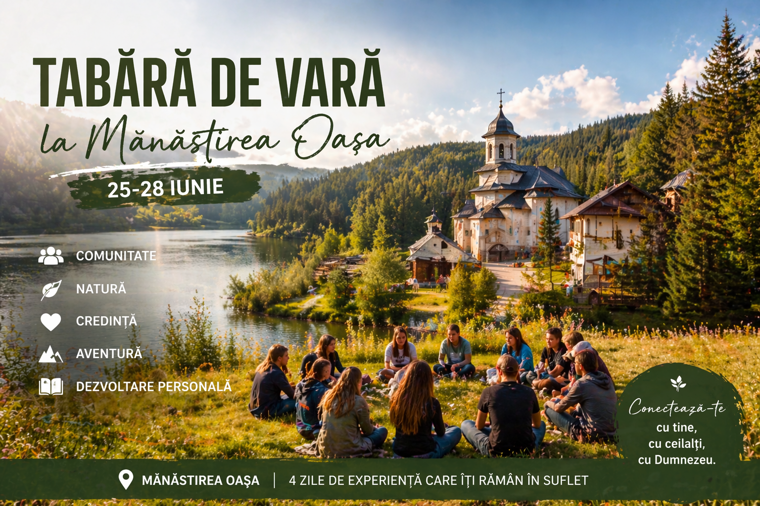 Tabara de vara la Manastirea Oasa (25–28 iunie) – Experienta de grup in natura si dezvoltare personala 1 Tabara de vara la Manastirea Oasa (25–28 iunie) – Experienta de grup in natura si dezvoltare personala